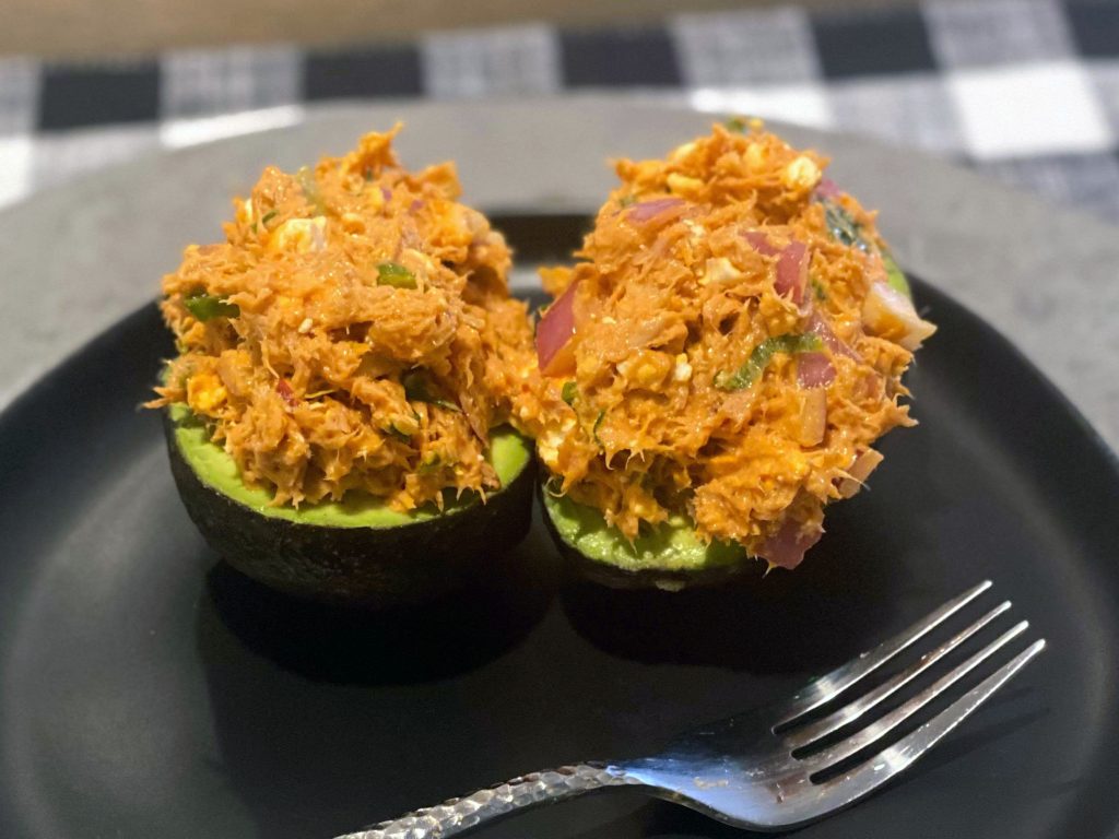 Buffalo Tuna Salad Stuffed Avocados